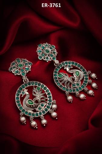 peacock design oxidized chandbali earrings with stones