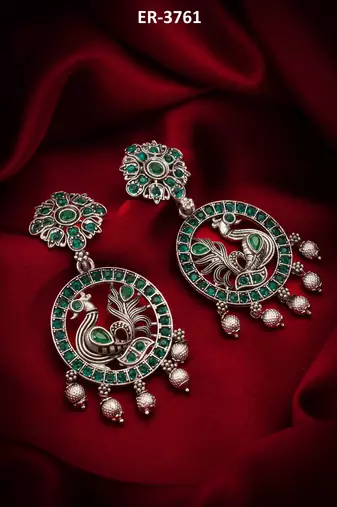peacock design oxidized chandbali earrings with stones