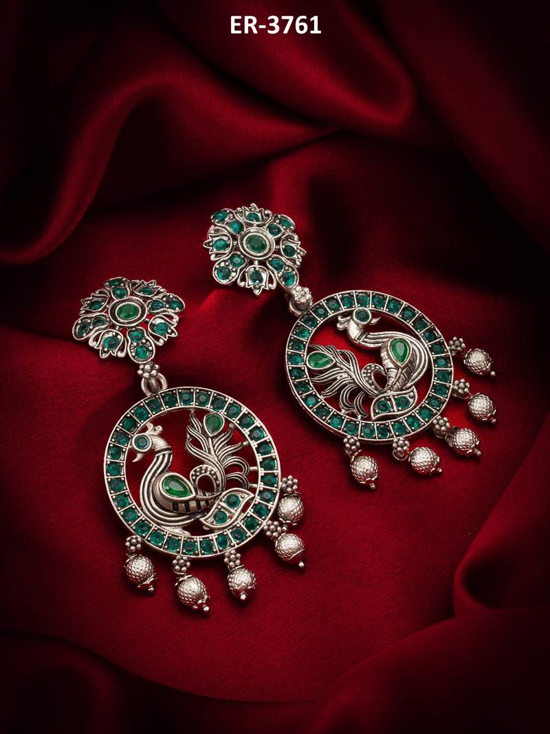 peacock design oxidized chandbali earrings with stones