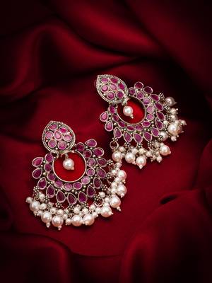 pink stone oxidized chandbali earrings with pearl drops 5