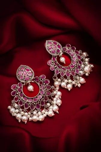 pink stone oxidized chandbali earrings with pearl drops