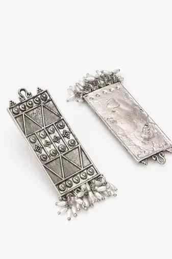 geometric oxidized drop earrings with pearl