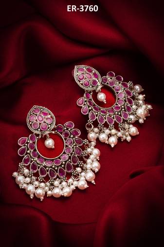 pink stone oxidized chandbali earrings with pearl drops