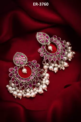 pink stone oxidized chandbali earrings with pearl drops