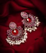 pink stone oxidized chandbali earrings with pearl drops