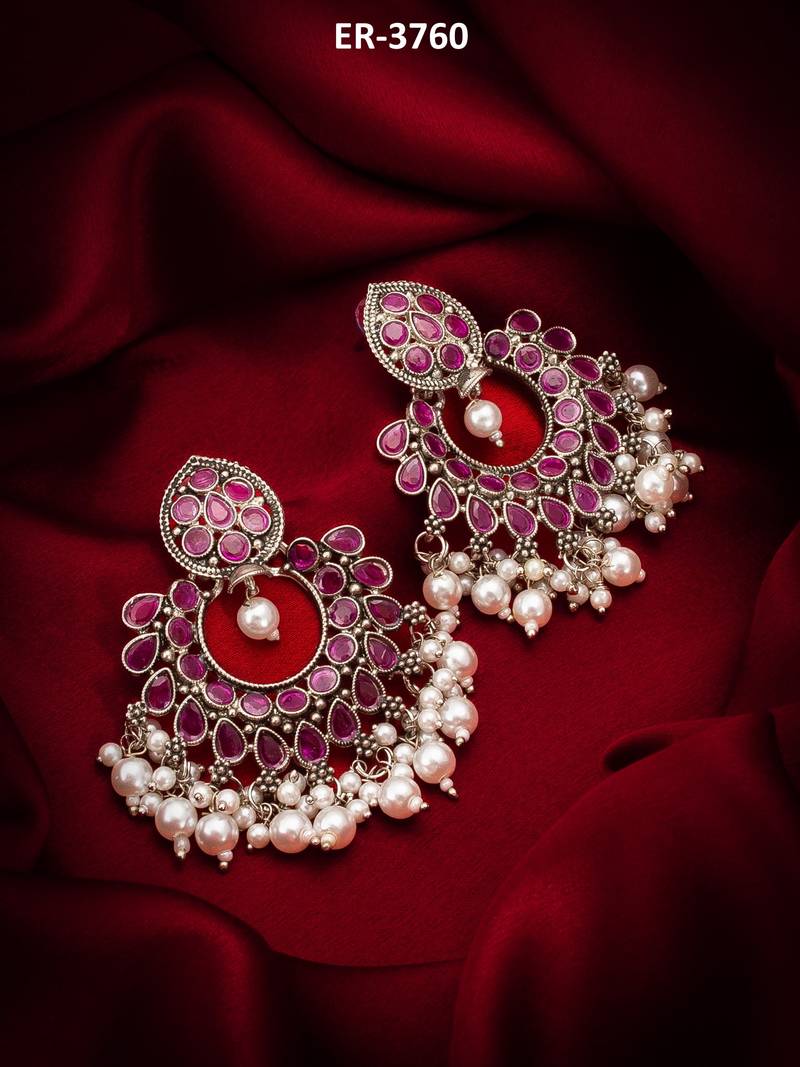pink stone oxidized chandbali earrings with pearl drops
