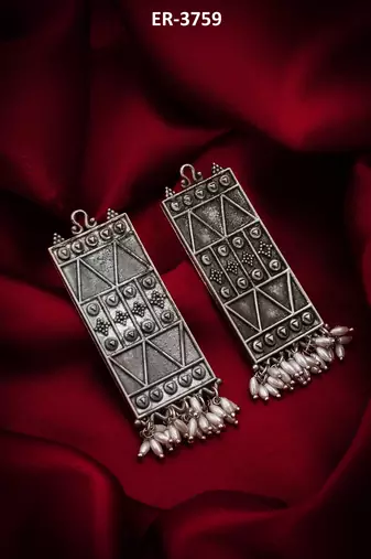 geometric oxidized drop earrings with pearl
