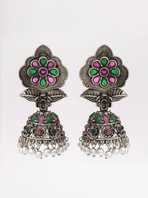 floral oxidized jhumka earrings with stones 2