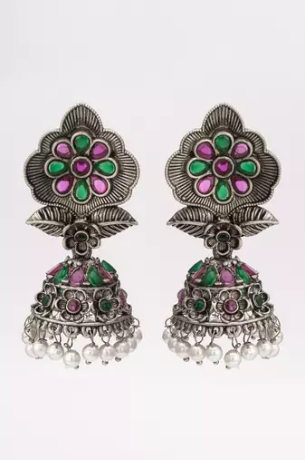 floral oxidized jhumka earrings with stones