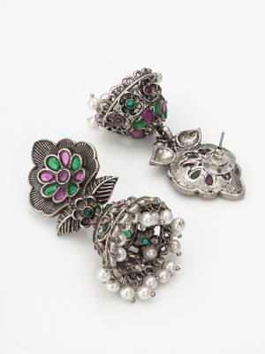 floral oxidized jhumka earrings with stones 3