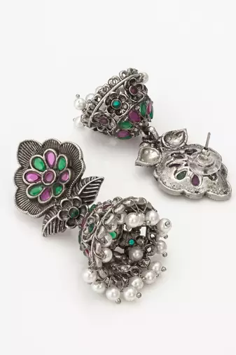 floral oxidized jhumka earrings with stones