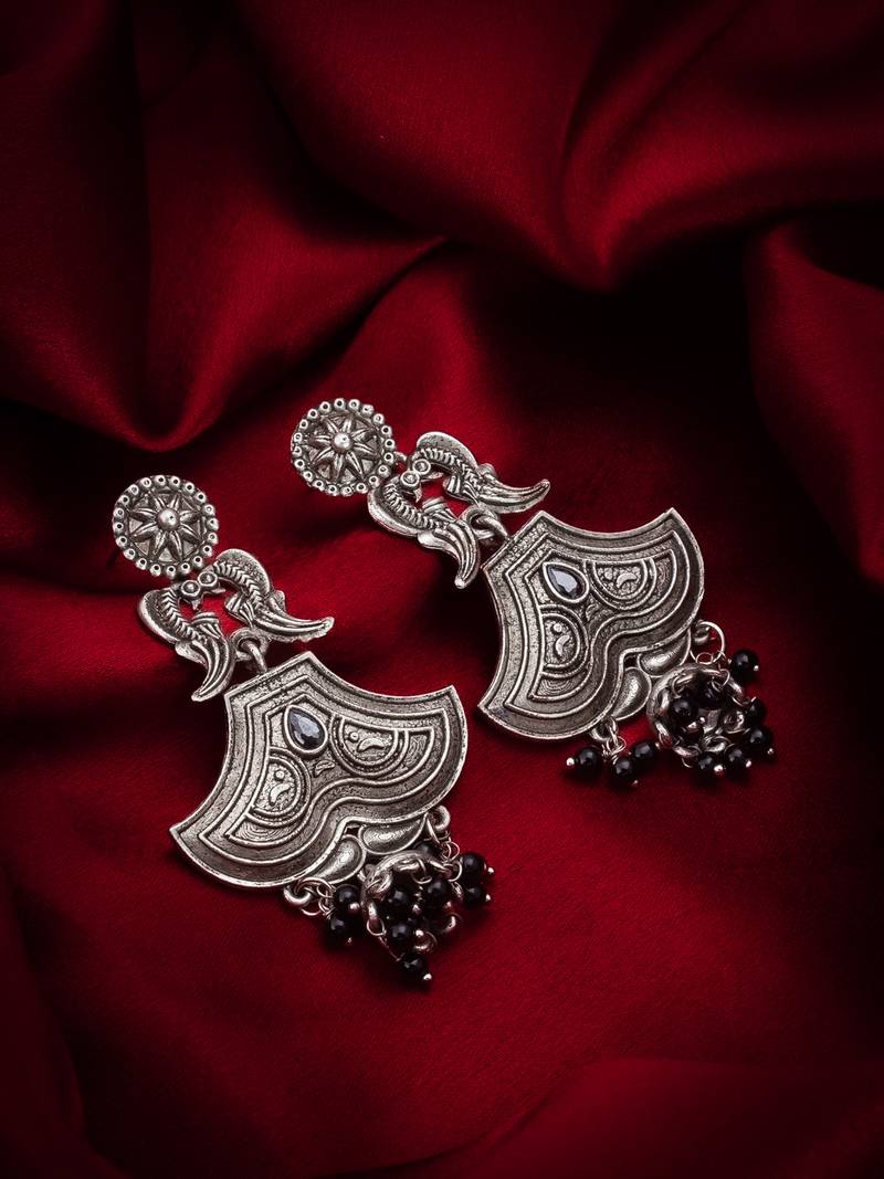oxidized chandbali earrings with black beads