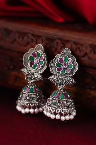 floral oxidized jhumka earrings with stones