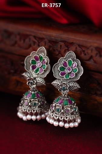 floral oxidized jhumka earrings with stones