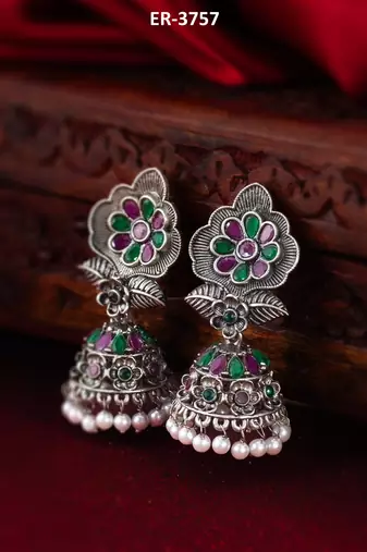 floral oxidized jhumka earrings with stones
