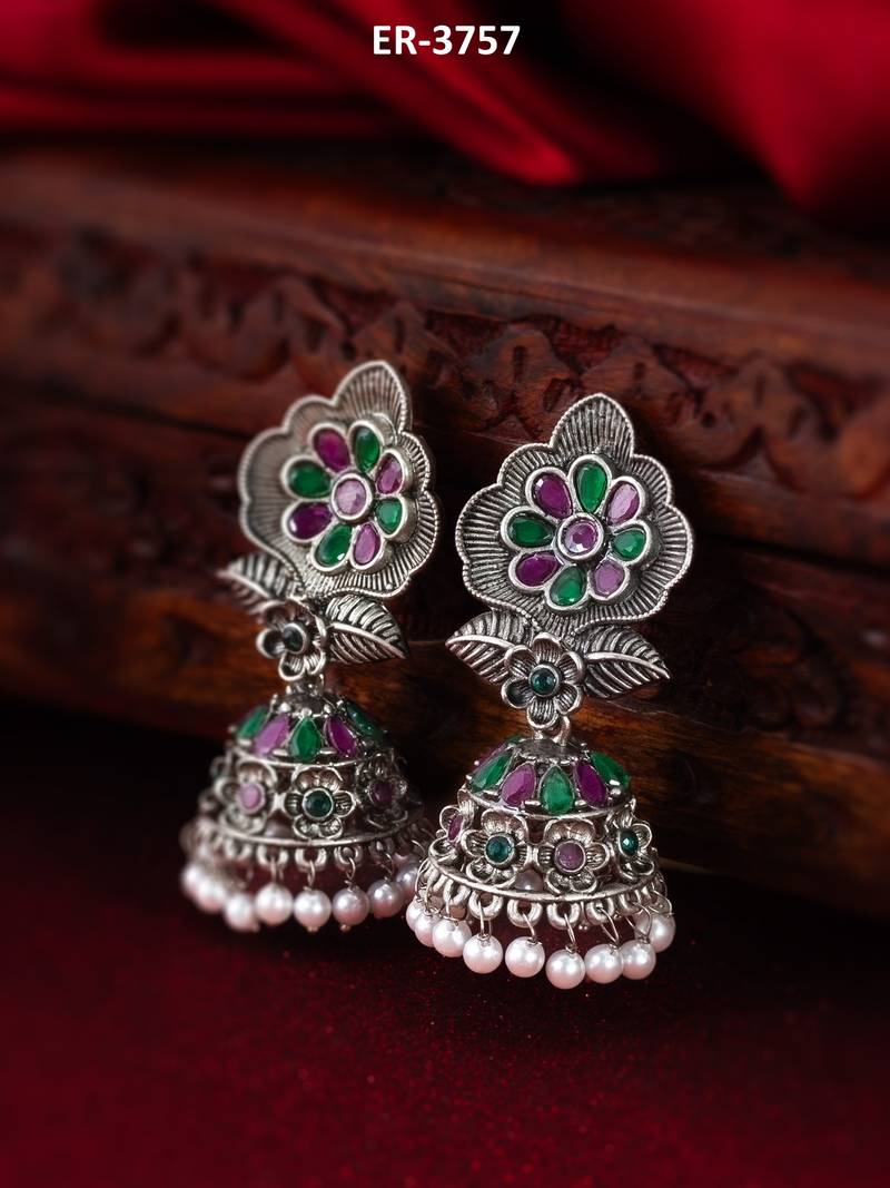 floral oxidized jhumka earrings with stones