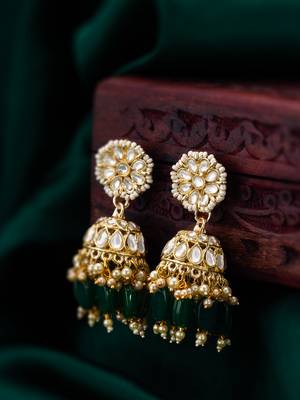 kundan jhumka earrings with green bead 5