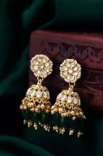 kundan jhumka earrings with green bead