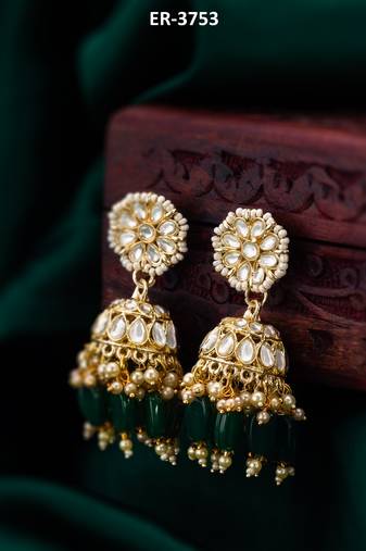 kundan jhumka earrings with green bead