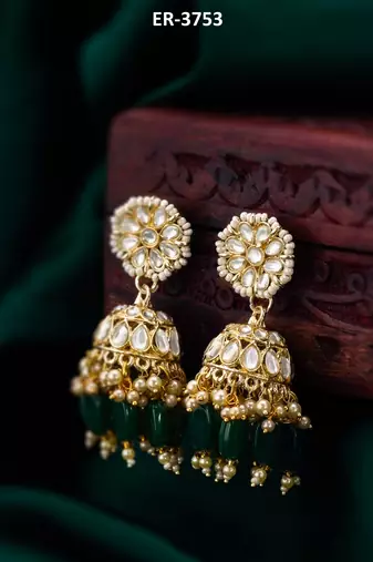kundan jhumka earrings with green bead