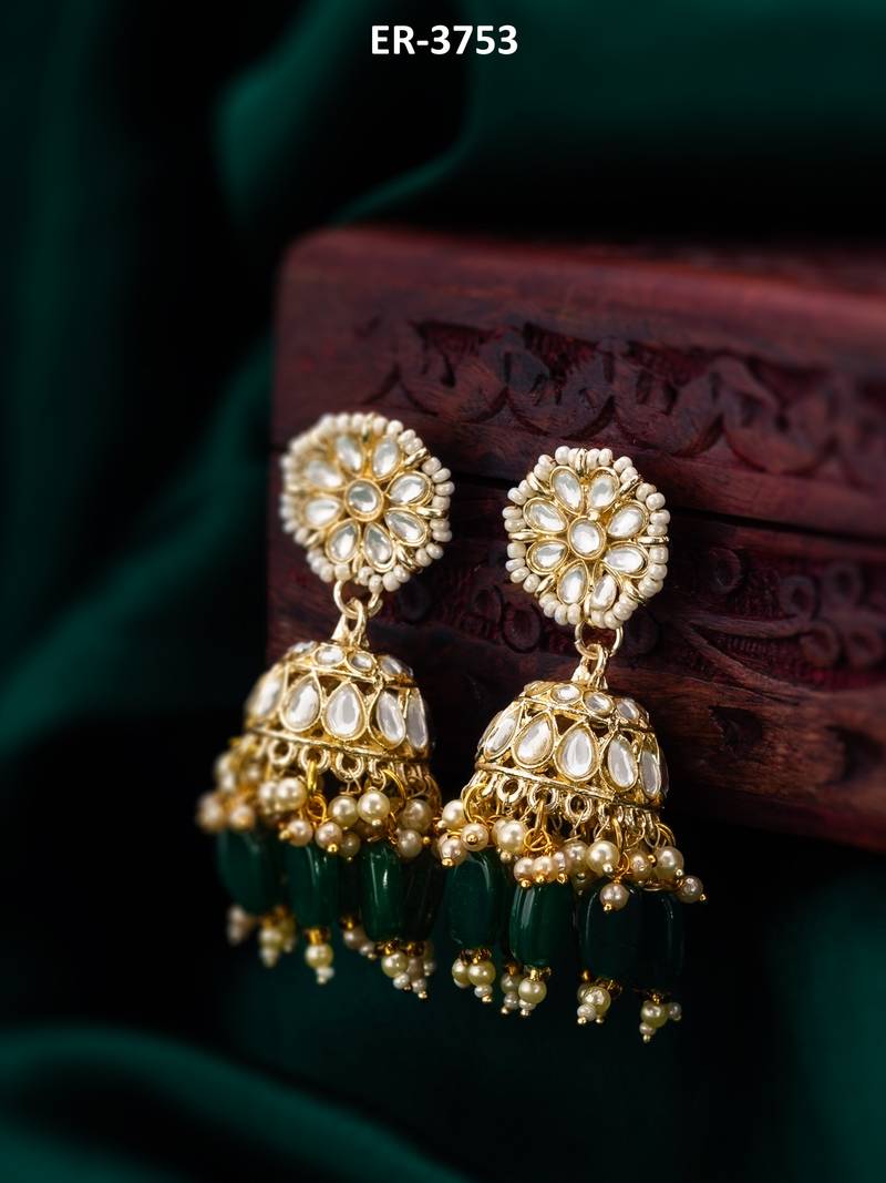 kundan jhumka earrings with green bead