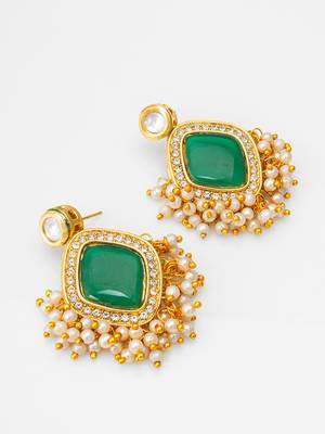 green stone kundan jhumka earrings with pearl 1