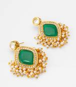 green stone kundan jhumka earrings with pearl