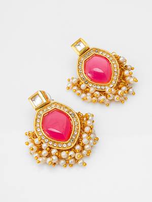 pink stone kundan drop earrings with pearl 1