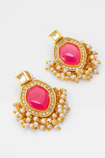pink stone kundan drop earrings with pearl