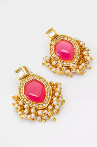 pink stone kundan drop earrings with pearl