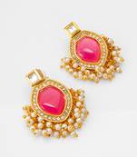 pink stone kundan drop earrings with pearl