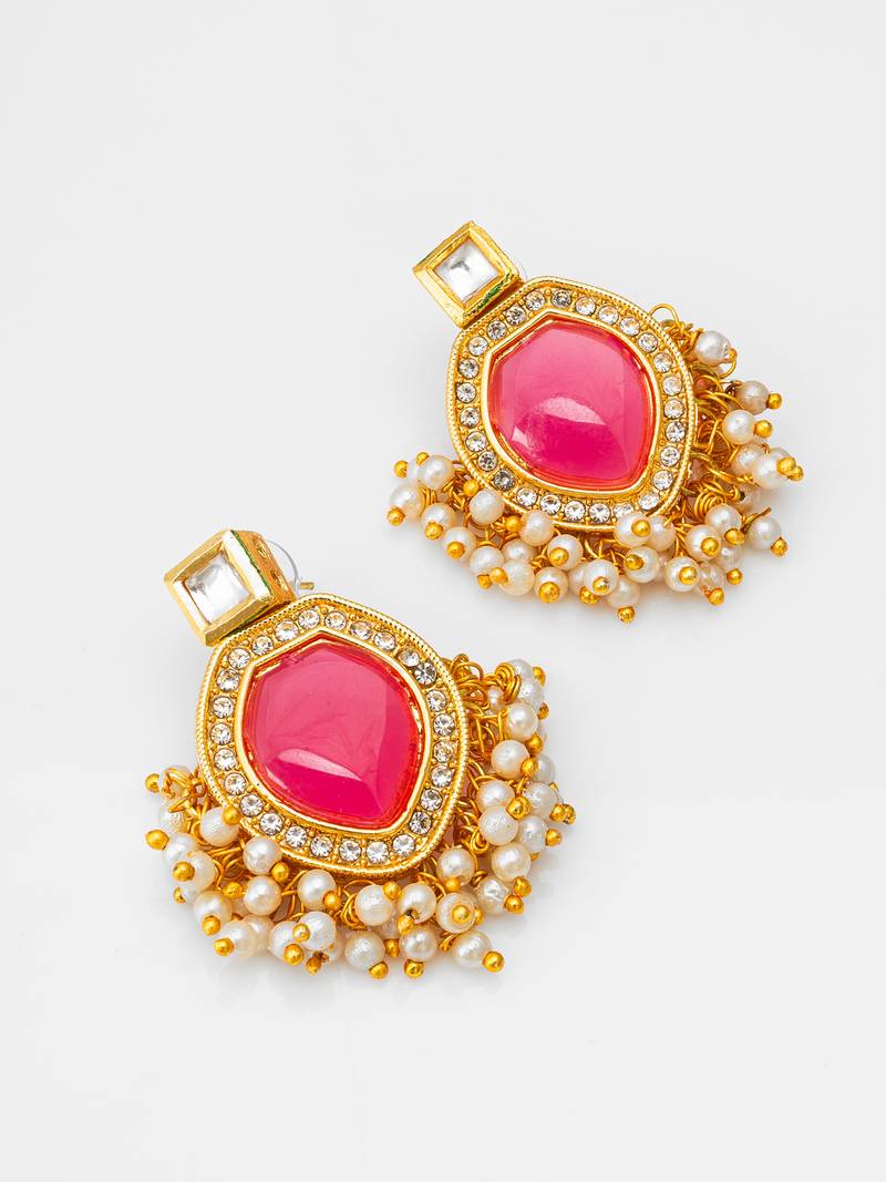 pink stone kundan drop earrings with pearl