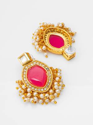 pink stone kundan drop earrings with pearl 2