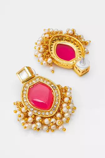 pink stone kundan drop earrings with pearl