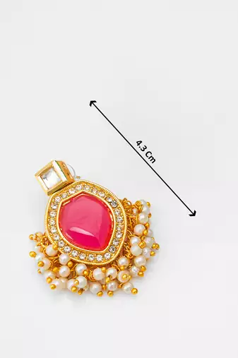 pink stone kundan drop earrings with pearl
