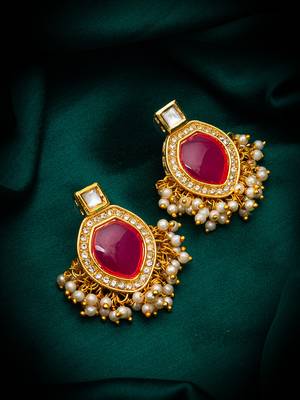 pink stone kundan drop earrings with pearl 4