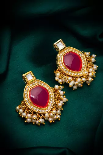 pink stone kundan drop earrings with pearl