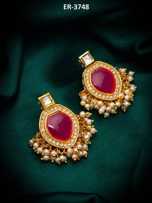 pink stone kundan drop earrings with pearl 5