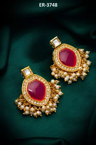 pink stone kundan drop earrings with pearl