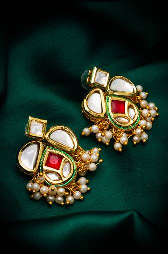 classic kundan drop earrings with pearl cluster