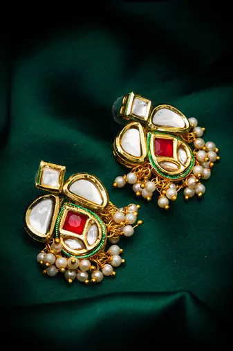 classic kundan drop earrings with pearl cluster