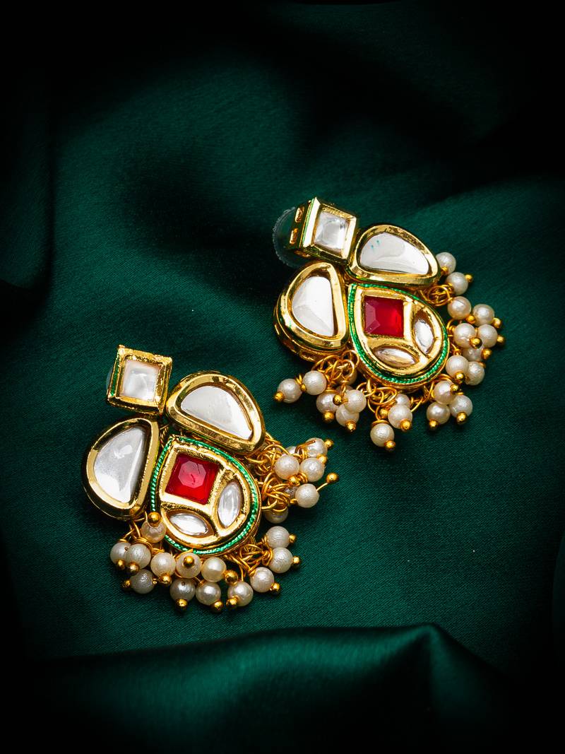 classic kundan drop earrings with pearl cluster