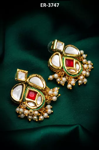 classic kundan drop earrings with pearl cluster