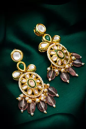 Designer kundan chandbali earrings with pink drops