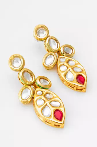 Traditional kundan drop earrings with red accent