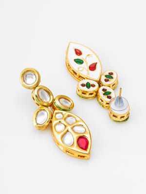 Traditional kundan drop earrings with red accent 3