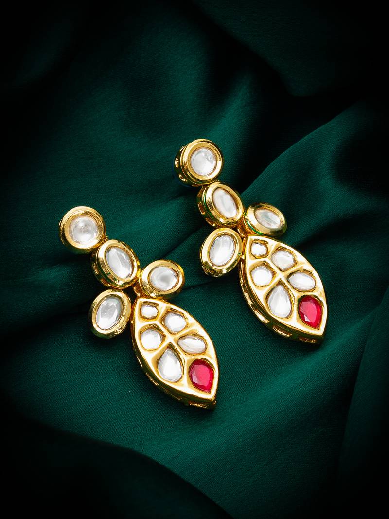 Traditional kundan drop earrings with red accent