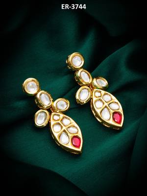 Traditional kundan drop earrings with red accent 5