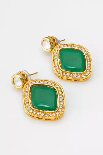 green stone gold tone stud earrings with crystal