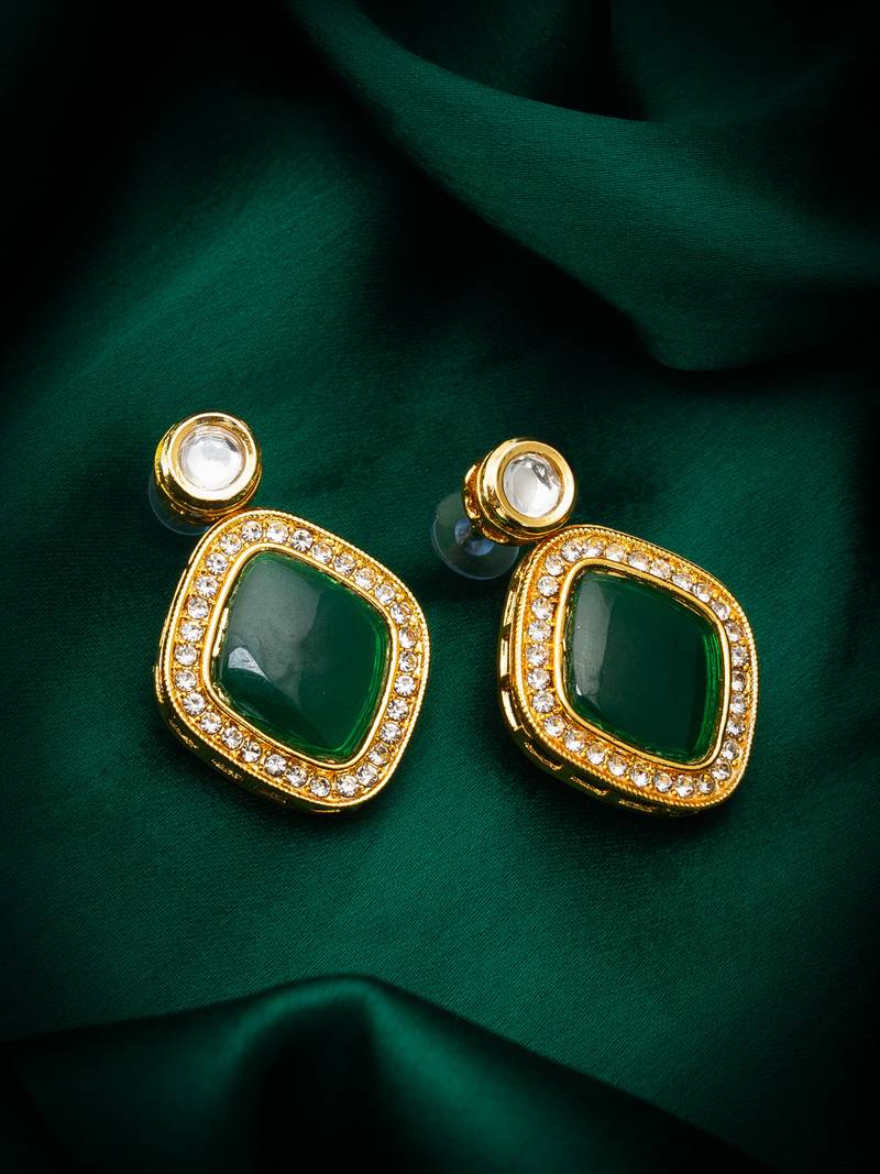 green stone gold tone stud earrings with crystal